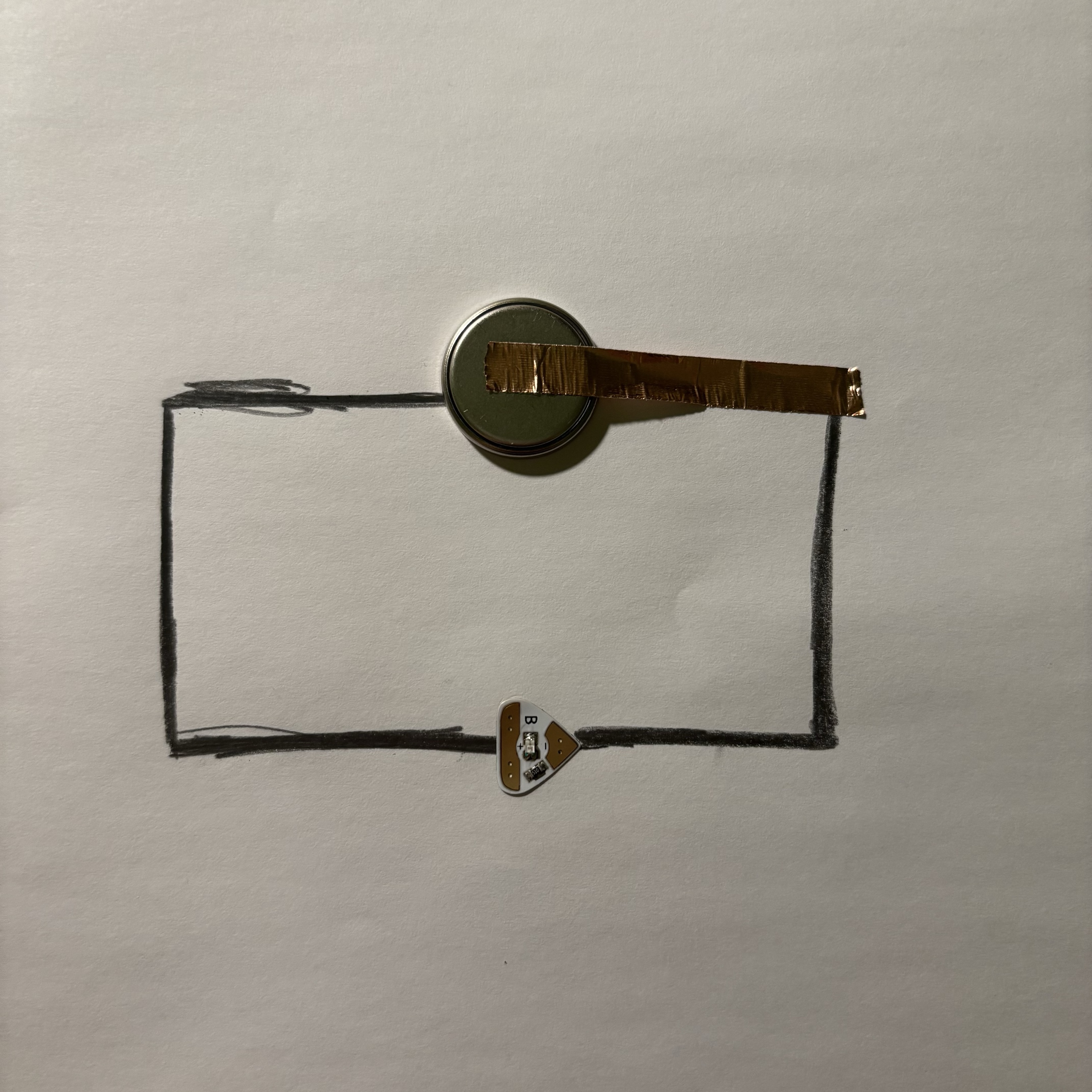 I next tried to conduct electricity in the form of drawing lines using a pencil. I drew the circuit in pencil and thickened it, however it still failed, I think this may be because the graphite content in the pencil is too small, and it may be easier to succeed with a thicker pencil.