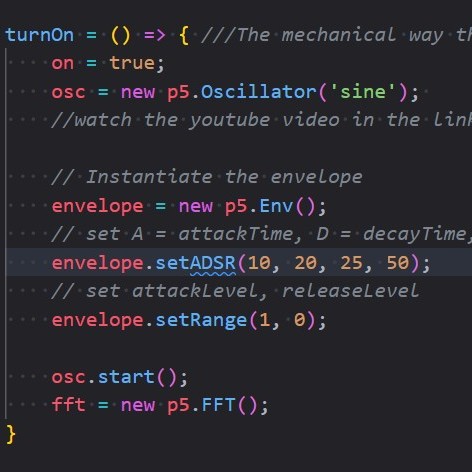 A screenshot of the code shows that I am mainly experimenting with the values in the `envelope.setADSR` section, as they have the greatest impact on controlling the relationship between the sound wave and the graphics.