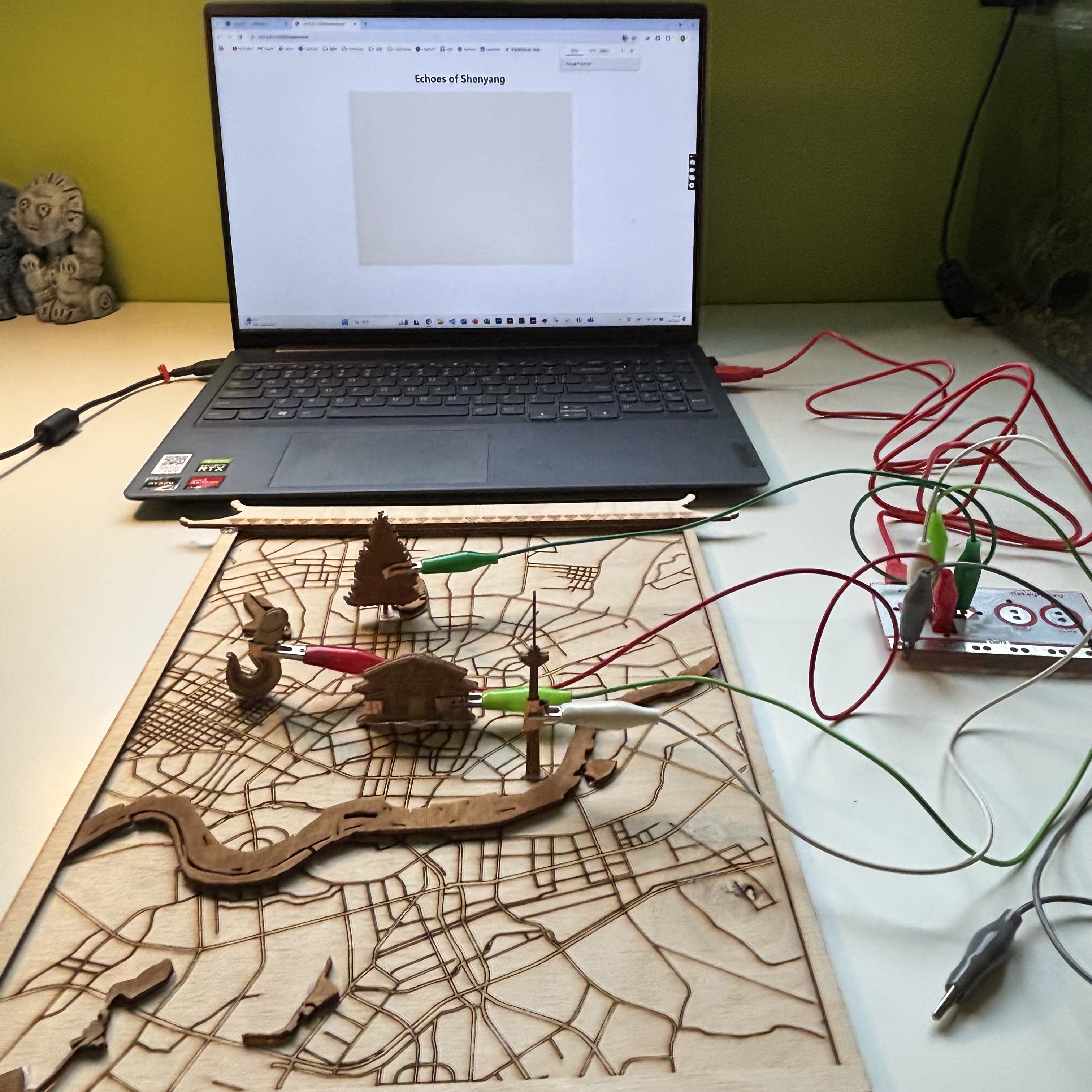 For my final design, I merged a real-world map with data to create and present a laser-cut piece that conveys my interpretation of the spatial, architectural, and design characteristics of a specific place, illustrating the connection between people and space.
The design centers on a map of my hometown, crafted using laser-cutting technology, and enhanced with interactive sound elements and P5.js-based digital visualizations. This fusion of tangible art and digital interaction aims to offer a deep sensory experience, connecting the audience to the place on multiple levels.