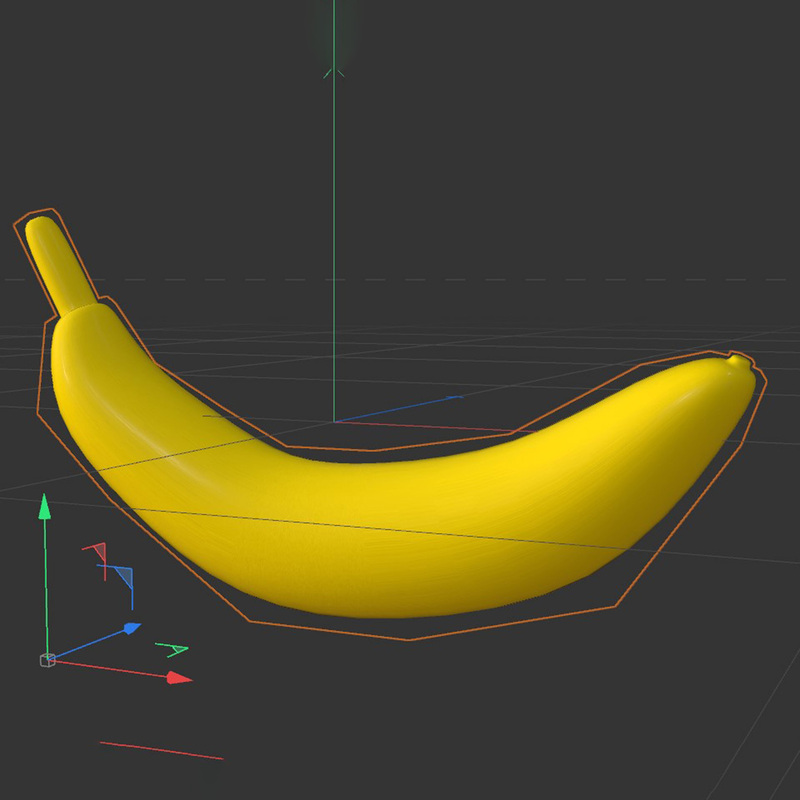 Banana modeling. A polygons model is used and the curved banana shape is obtained by rotating, scaling, and duplicating each surface.