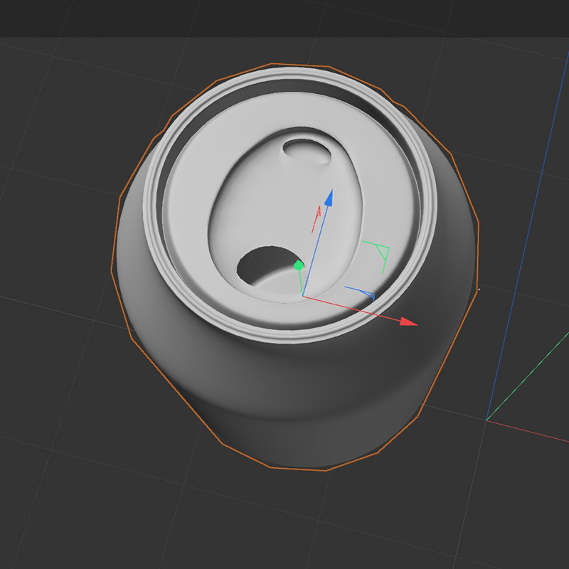 Top of the can. I modeled the grooves, as well as cut out the open part. This was done mostly with loop cuts, line cuts, bevels, and extrudes.