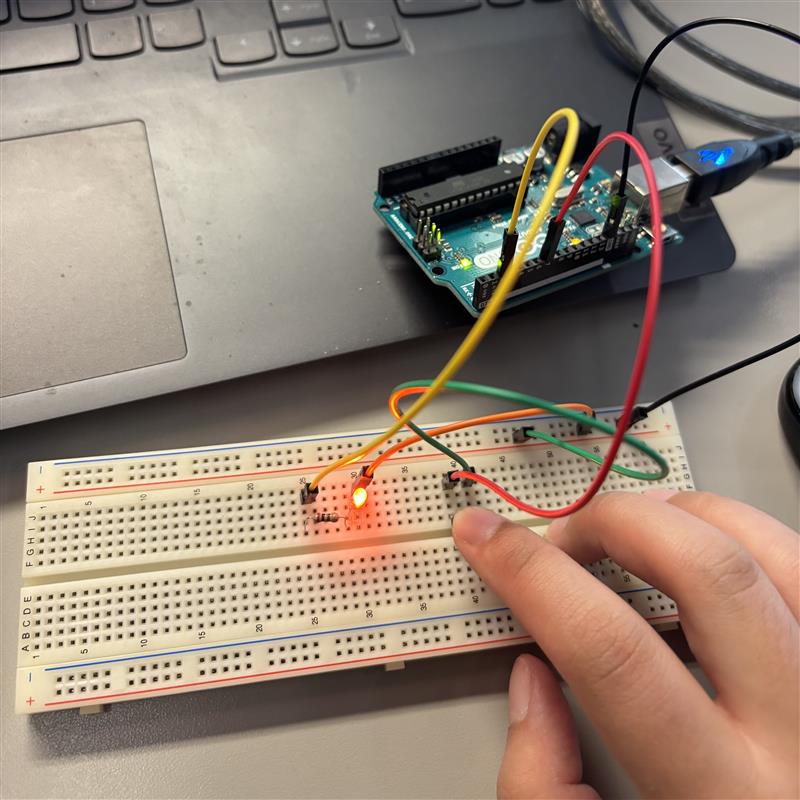 I replaced the second resistor and LED with a switch and adjusted the placement of some wires. By using Arduino code for switch control, I successfully controlled the LED with the switch.
