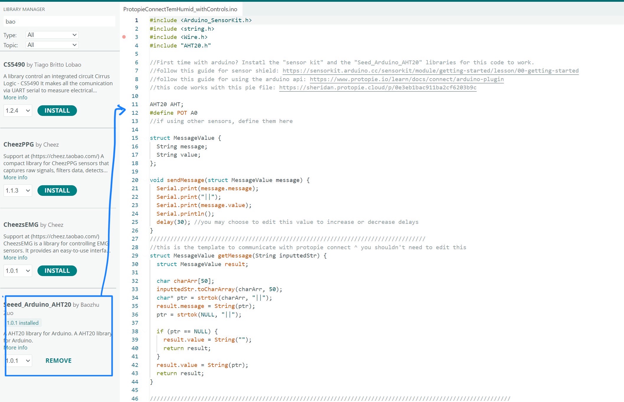 First, we connect the computer to the Arduino Sensor Kit and upload this code to the Arduino. We locate the code for controlling the AHT 20 in the library. This way, I can use `analogRead(POT)` later to read the value of the potentiometer.