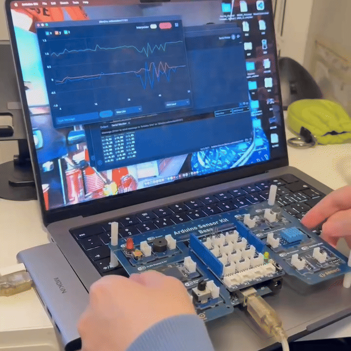 After discovering that the LED could not be controlled by the light sensor as expected, we began a series of troubleshooting steps. The first thing we checked was the sensor kit itself. Following a tutorial from Shotoku Tech, we found the starter code specifically made for the Arduino Sensor Kit in the Arduino IDE. The image shows our test using the accelerometer sensor from the kit. We tested every sensor on the kit, and all of them worked correctly, so we ruled out the sensor kit as the source of the problem.
