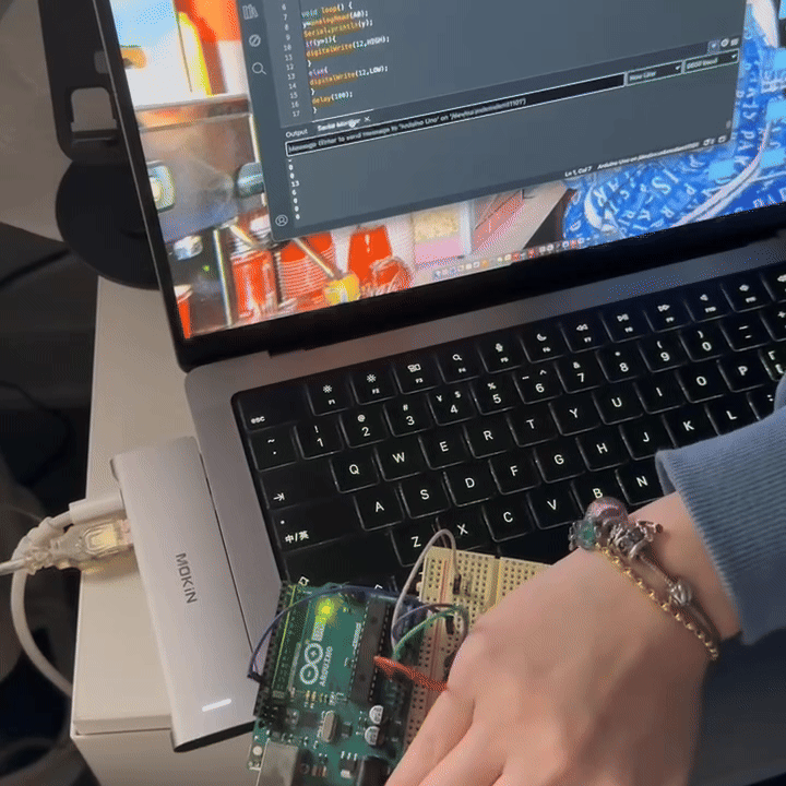 In the second stage of testing, we stopped using the sensor kit and switched to the Arduino Uno, trying to match the tutorial setup as closely as possible. As shown in the Arduino Serial Monitor, the light sensor was functioning correctly, since the values changed whenever a hand was placed over it.
