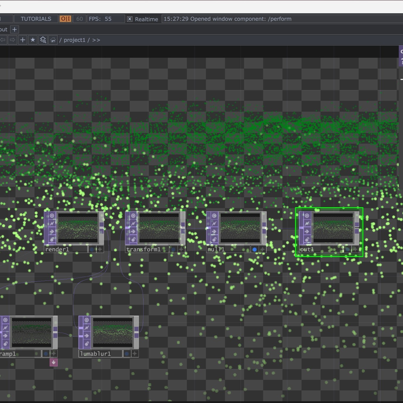 I followed another tutorial to create a flowing, wave-like particle animation. This kind of abstract, gently moving visual is the direction we want for a relaxing experience.
In the final stage of setup, we needed to hide all the parameter panels and show only the background visuals. At first, I didn’t know how to do this. After checking other tutorials and asking ChatGPT, I learned that in order to present the work properly, we needed to add an OUT node to output the final image.
