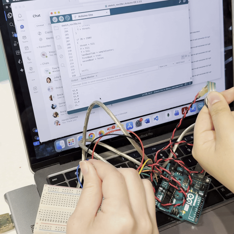 In Activity 2, our main goal was to import sensor data into TouchDesigner and use it to trigger visuals within the software. Before importing the data into TouchDesigner, we conducted a final test of both sensors in the Arduino IDE. Two columns of data appeared in the display, representing heart rate and pressure respectively.
