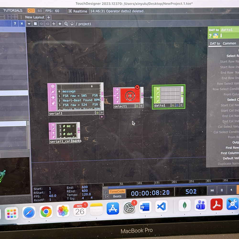 When importing the data, TouchDesigner produced an error as shown in the image. After consulting tutorials and searching online, we learned that we needed to output only pure numeric values separated by a delimiter (such as a comma) in Arduino, and set the Serial DAT to Table, so that the Select DAT could correctly separate and use the data.