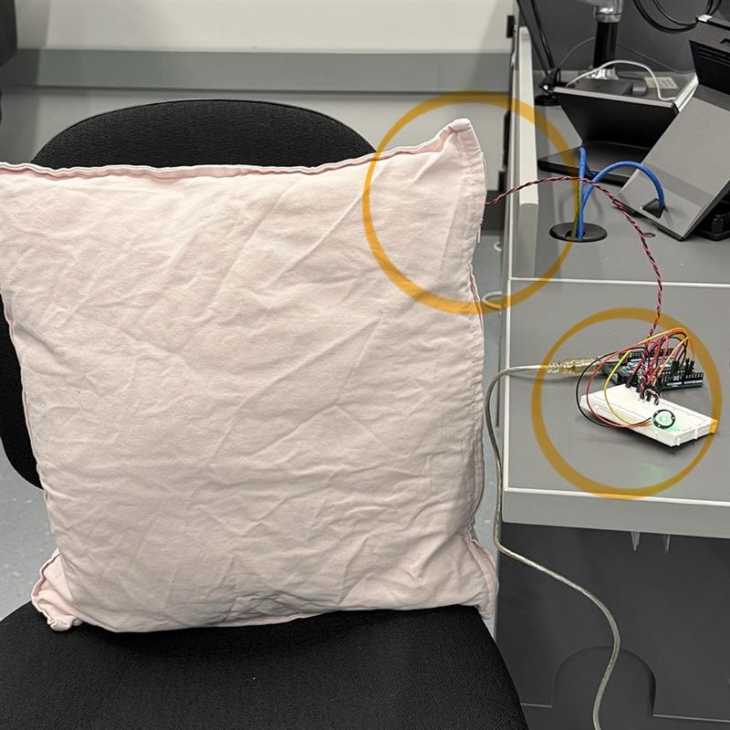 We placed the force sensor inside the cushion, while the Arduino and heart rate sensor were positioned on a stable, level tabletop. Compared to our Project 2 setup, where the Arduino was placed outside the cushion, this design is more comfortable—since no one wants to lean against a circuit board—and better aligns with users’ natural resting habits.