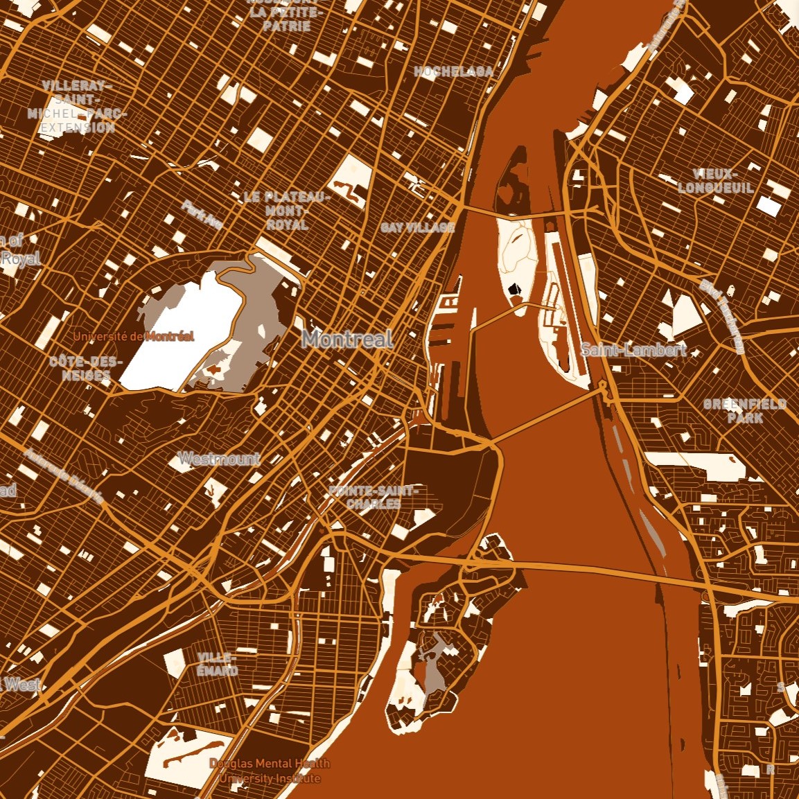 This is my favorite design in Activity 1. I used the colors of poutine, a famous Quebec food, as a reference color for a map of Montreal. I specifically used white for the green space so that the green space becomes the cheese on the poutine and Montreal becomes a big plate of poutine .