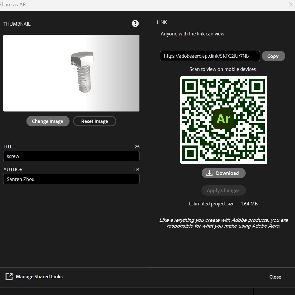 Often when sharing Aero files, there is also the problem of not being able to generate links. I looked up the information and realized that it is because Aero is still in the beta stage, so there are a lot of bugs, for the problem of not being able to generate links, the solution I found is to re-import the GLB file and re-generate the links.