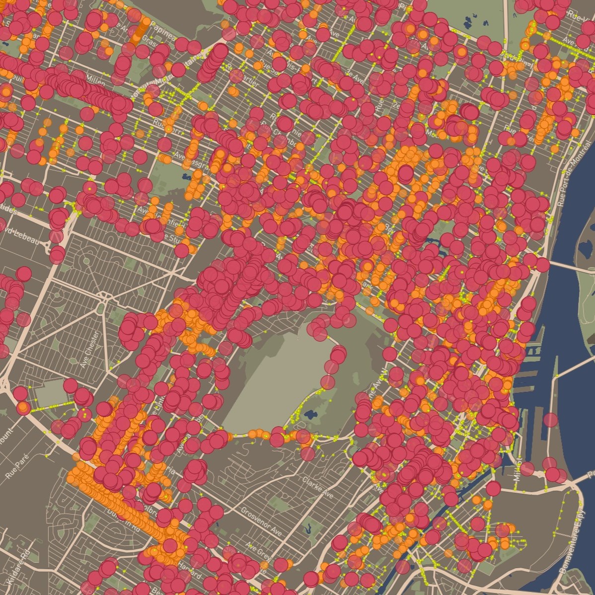 This time I tried to use a map of Montreal. And I found geographic data on leisure activities and clubs in Montreal. Surprisingly, there was so much data related to Montreal that it made the map covered with circles and took away the interest and confidence in editing the different data. So this exercise taught me that I should try to sift through concise data for my design.
